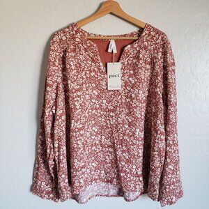 Pact Organic Cotton Cafe Crepe Poet Blouse Floral V-Neck Brown Sz XL NEW Prairie